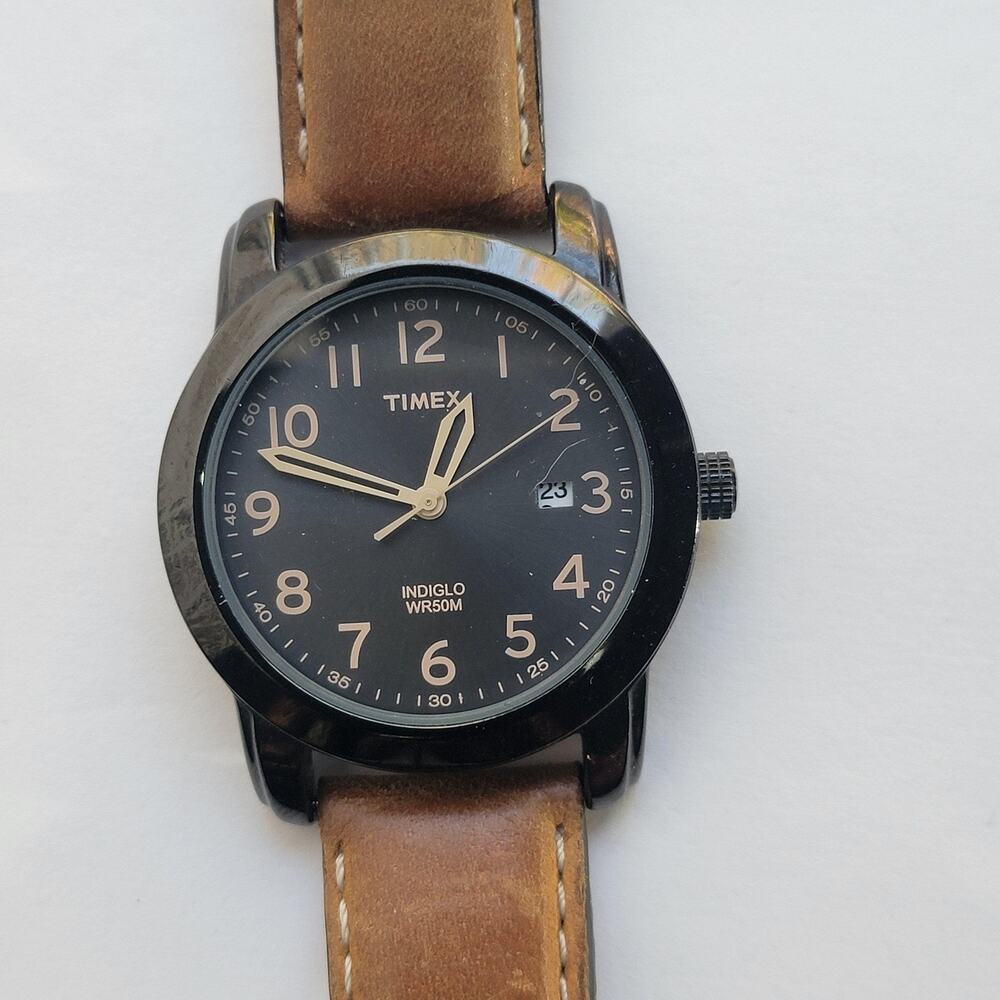 Timex Mens Watch 38mm Black Dial Black Case Brown Leather Strap Quartz